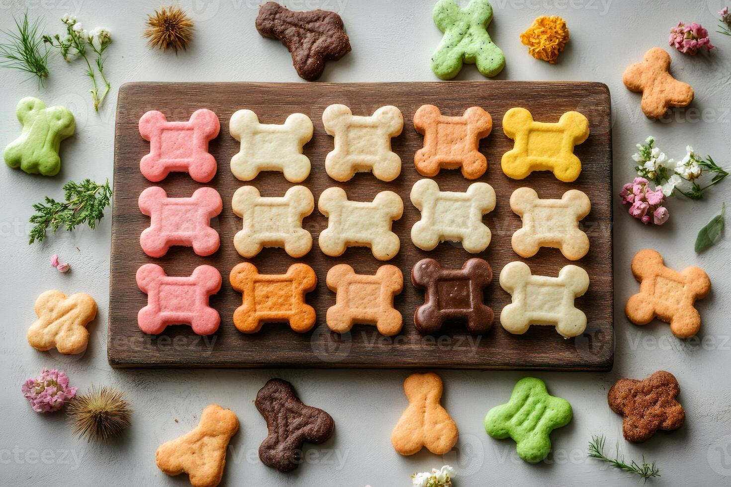 Colorful bone shaped dog biscuits arranged on wooden cutting board photo