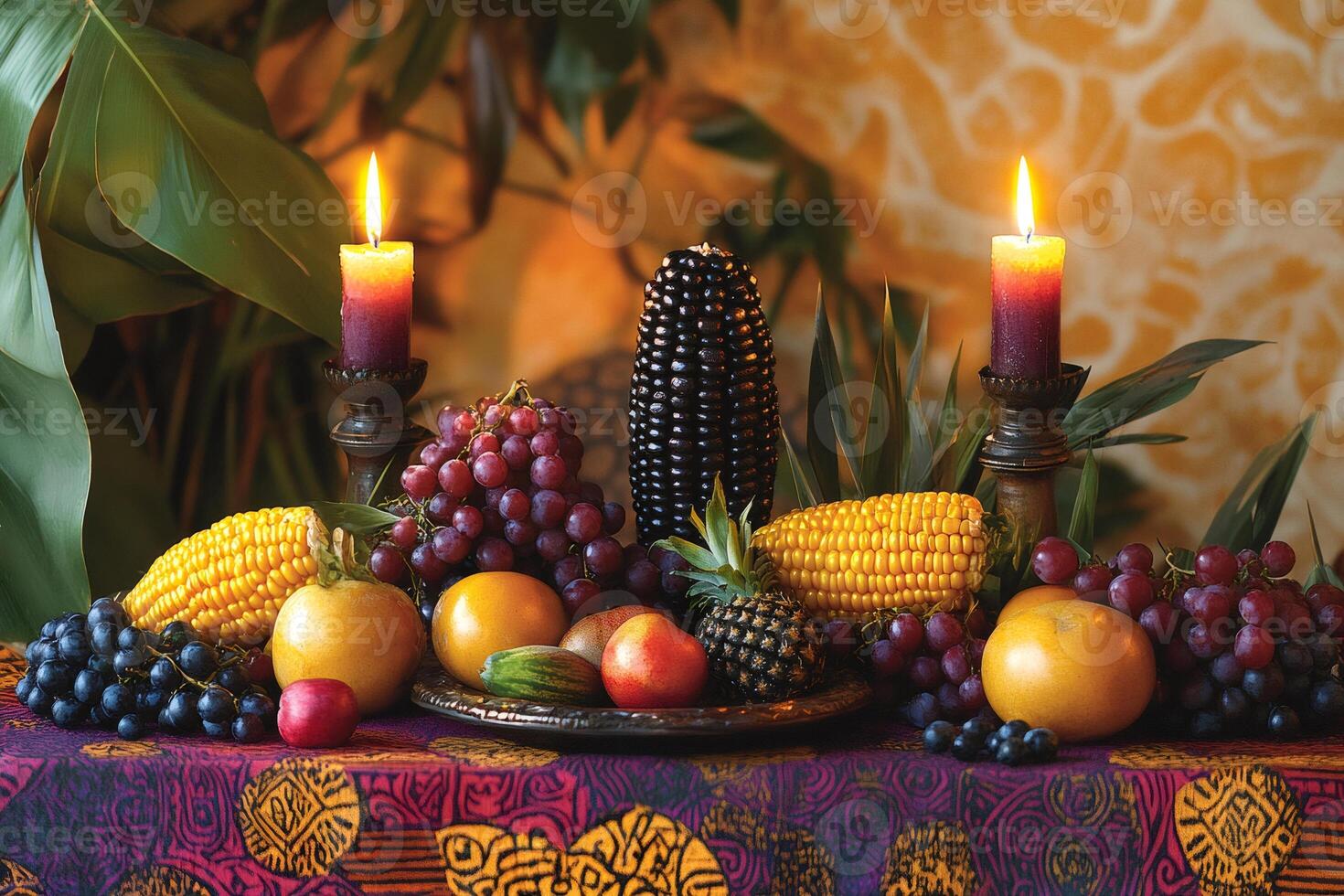 Celebrating Kwanzaa with traditional fruits, vegetables, and candles illuminating the festive table photo