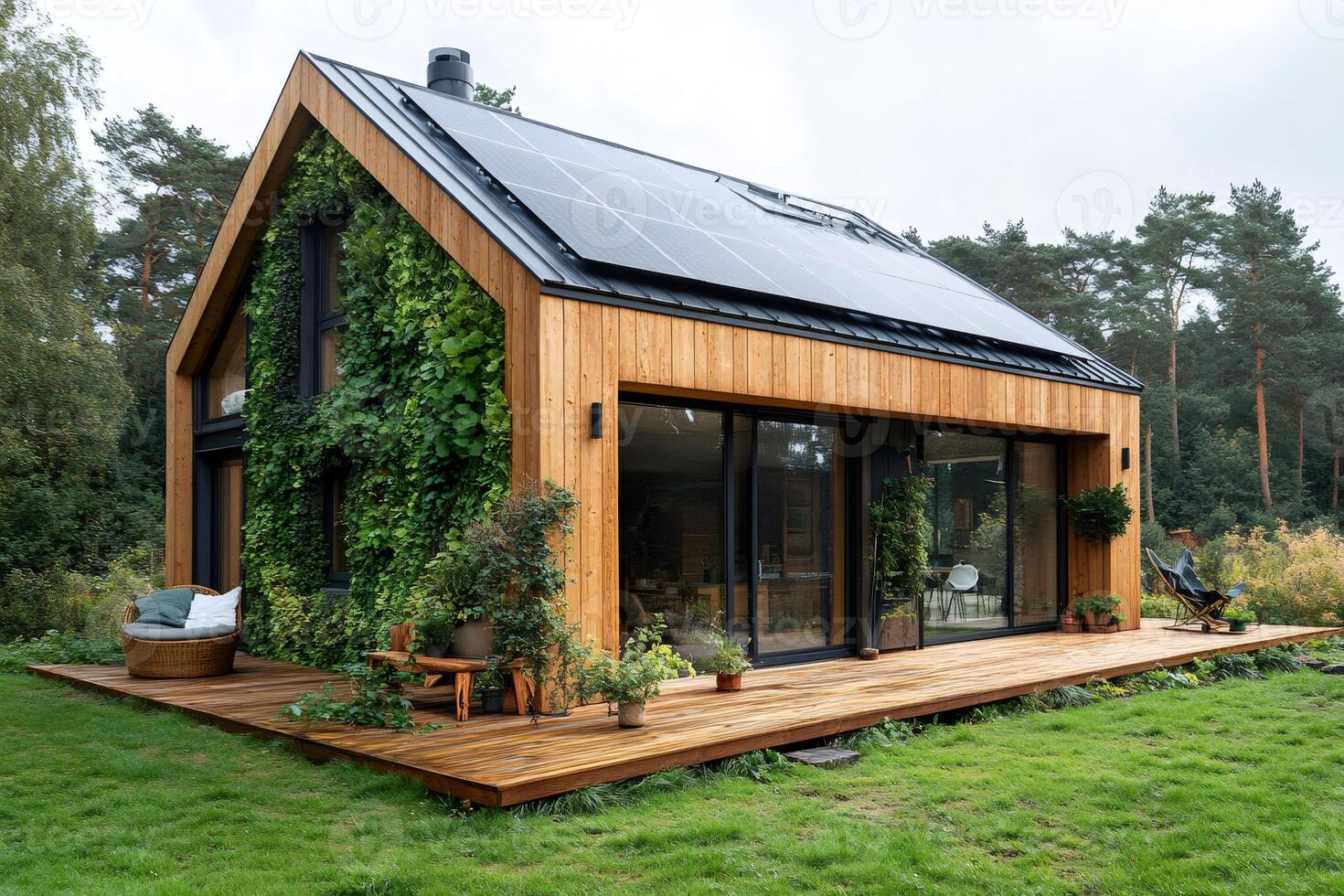 Modern wooden house with solar panels and green wall covered by climbing plant photo