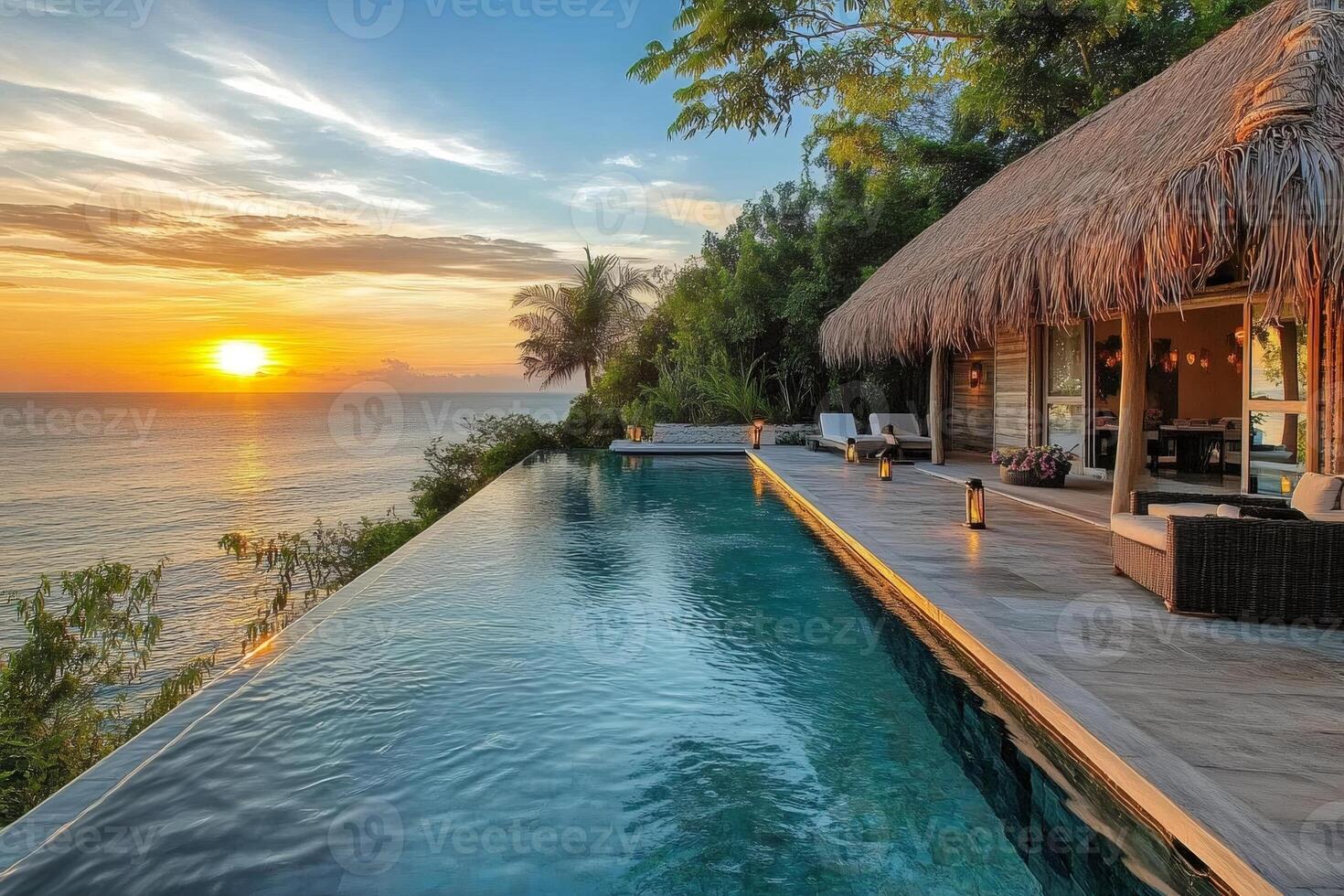 Infinity pool overlooking the ocean during a breathtaking sunset at an exotic resort photo