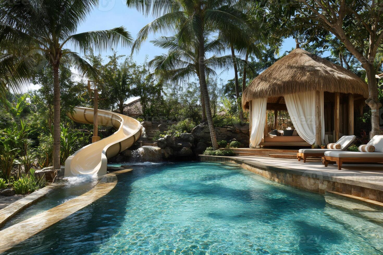 Waterslide entering refreshing turquoise swimming pool in tropical resort photo