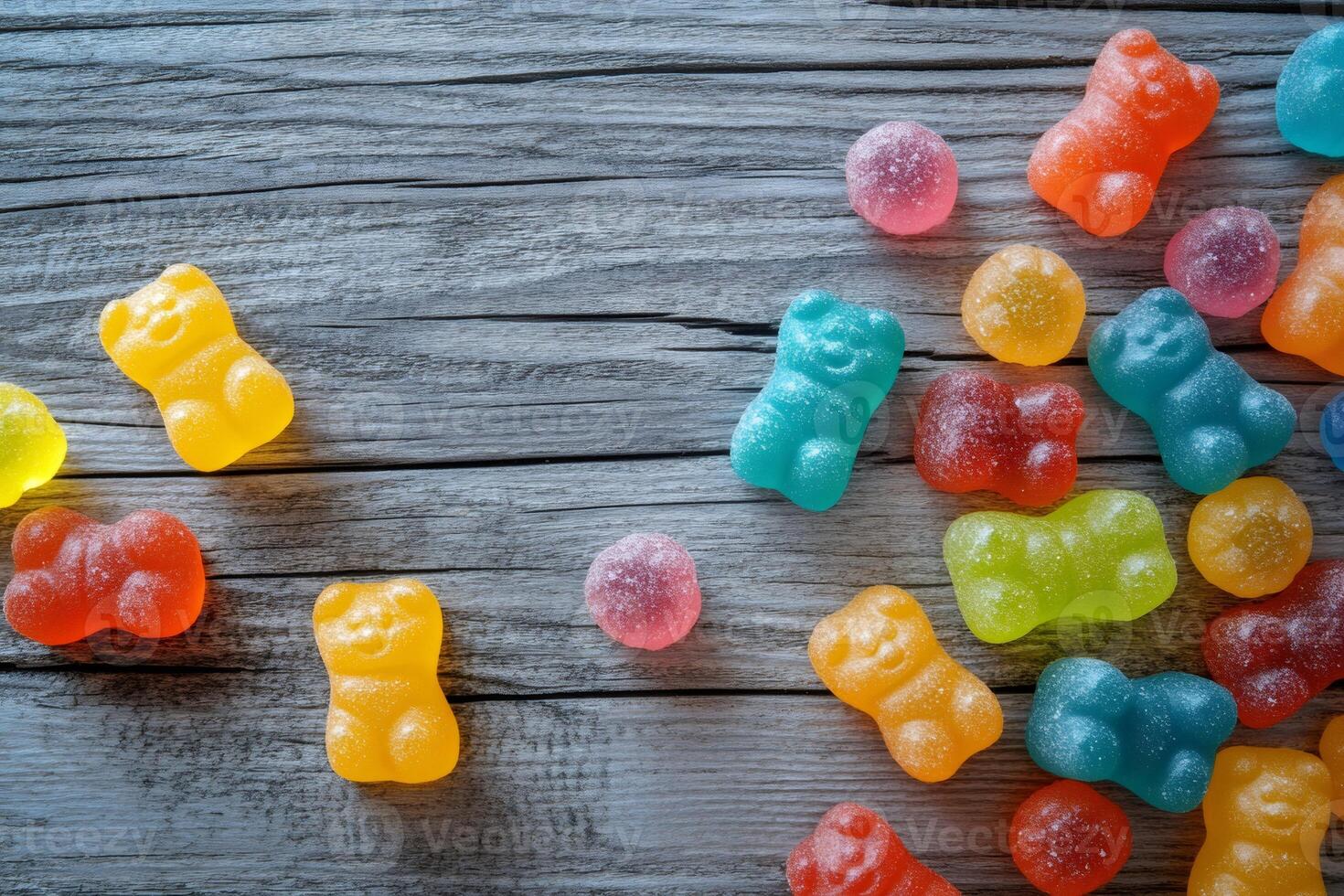Colorful gummy bears resting on rustic wooden table photo