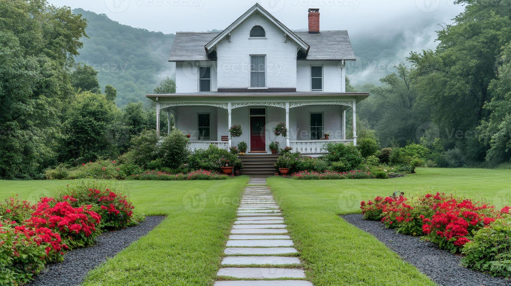 White victorian house with red flowers and stone path in the garden photo