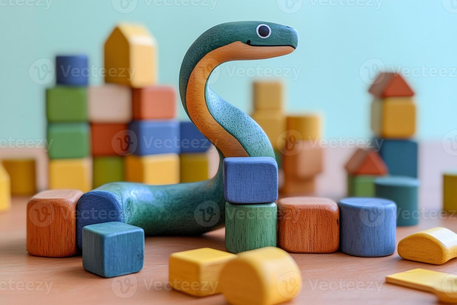 Wooden snake toy slithering through colorful building blocks photo