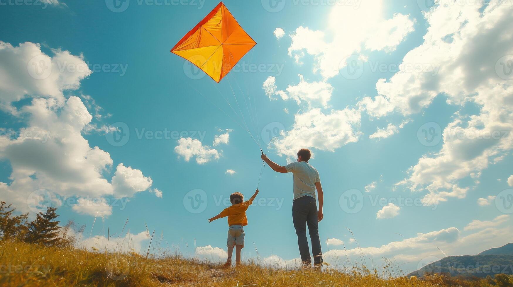Father and son flying kite on sunny day in a beautiful landscape photo