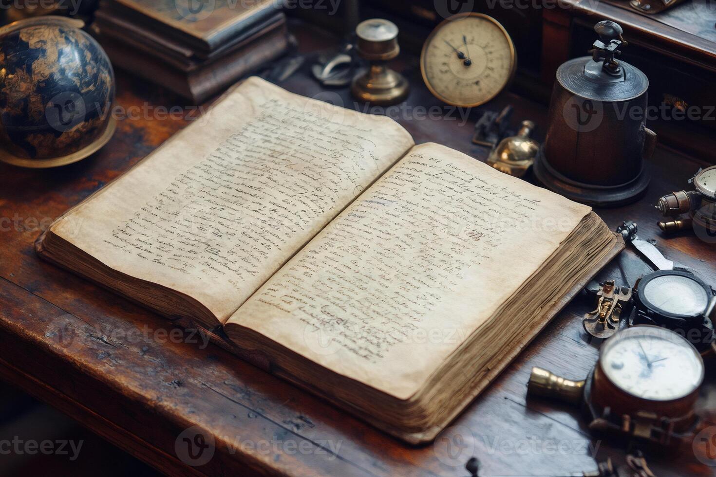 Open antique book laying on wooden desk with vintage globe, clocks and other old objects photo