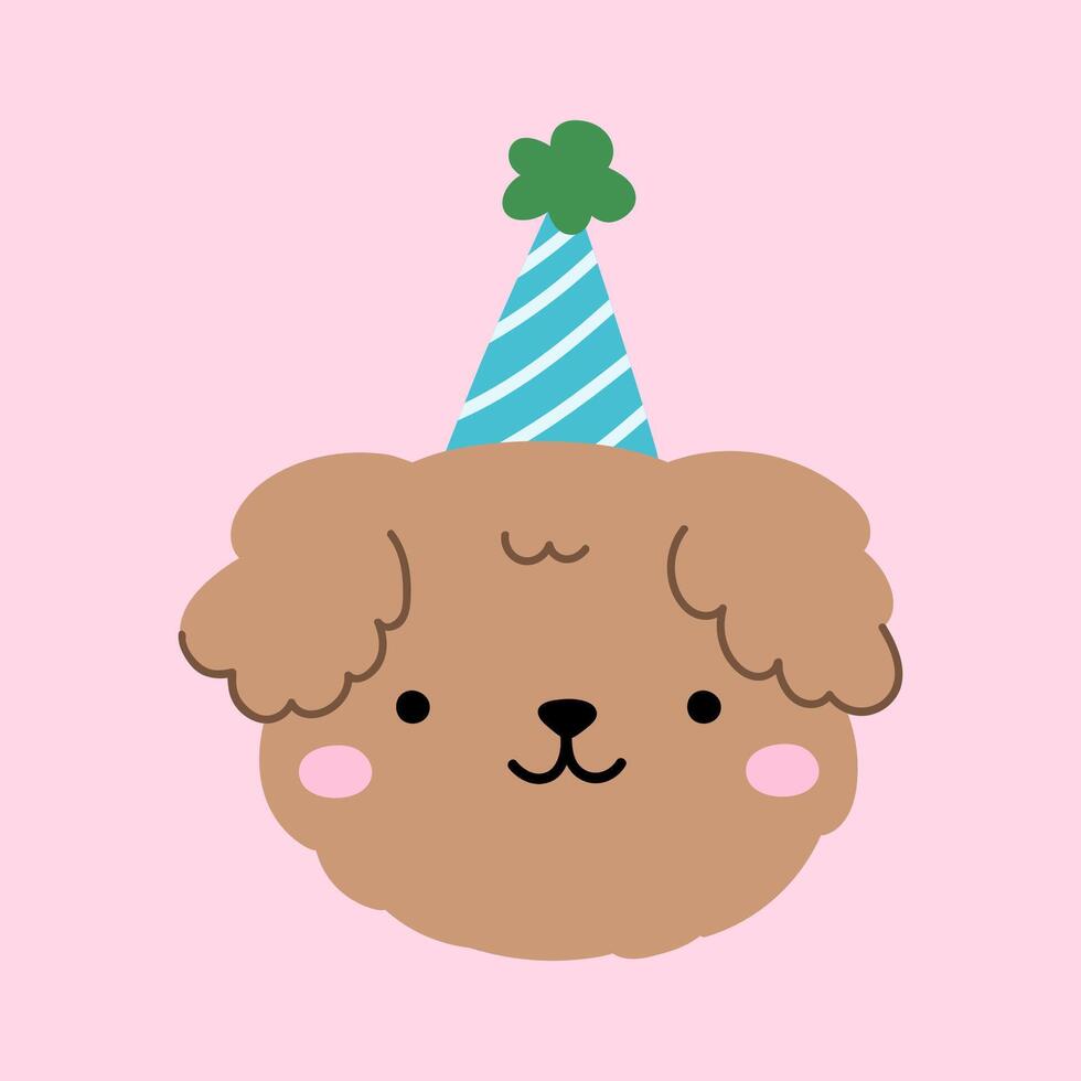 Cute dog in a festive hat isolated on a pink background. hand-drawn illustration in flat style. Perfect for decorations, holiday designs, cards, logo. vector