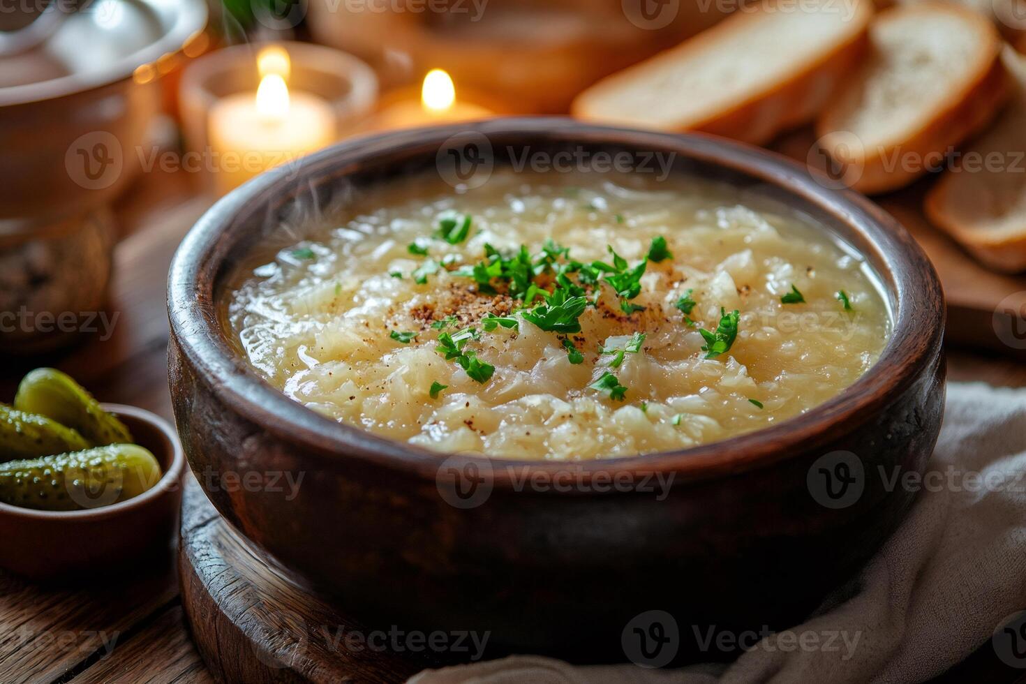 Steaming french onion soup garnished with fresh parsley in rustic bowl photo