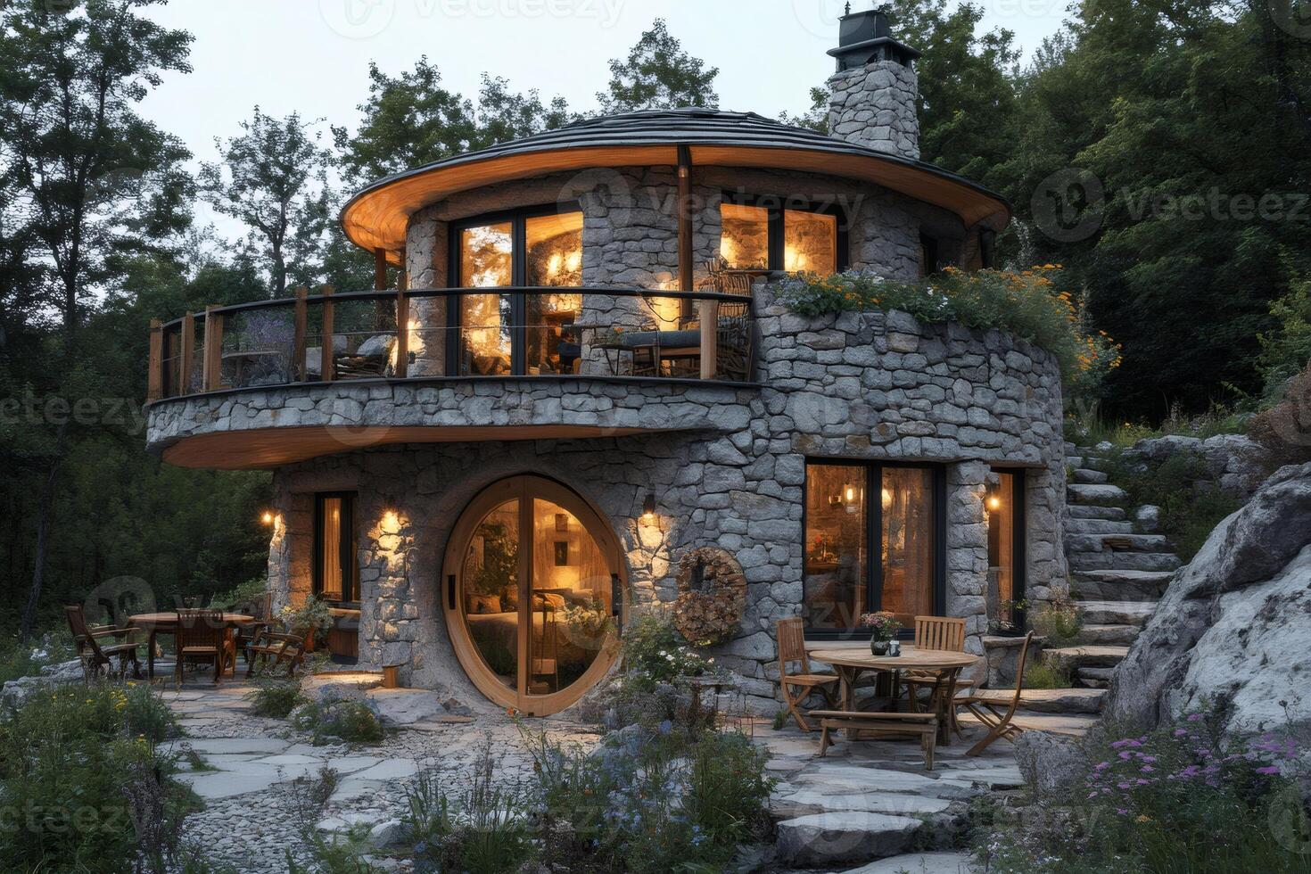 Charming stone round house illuminating forest at dusk photo