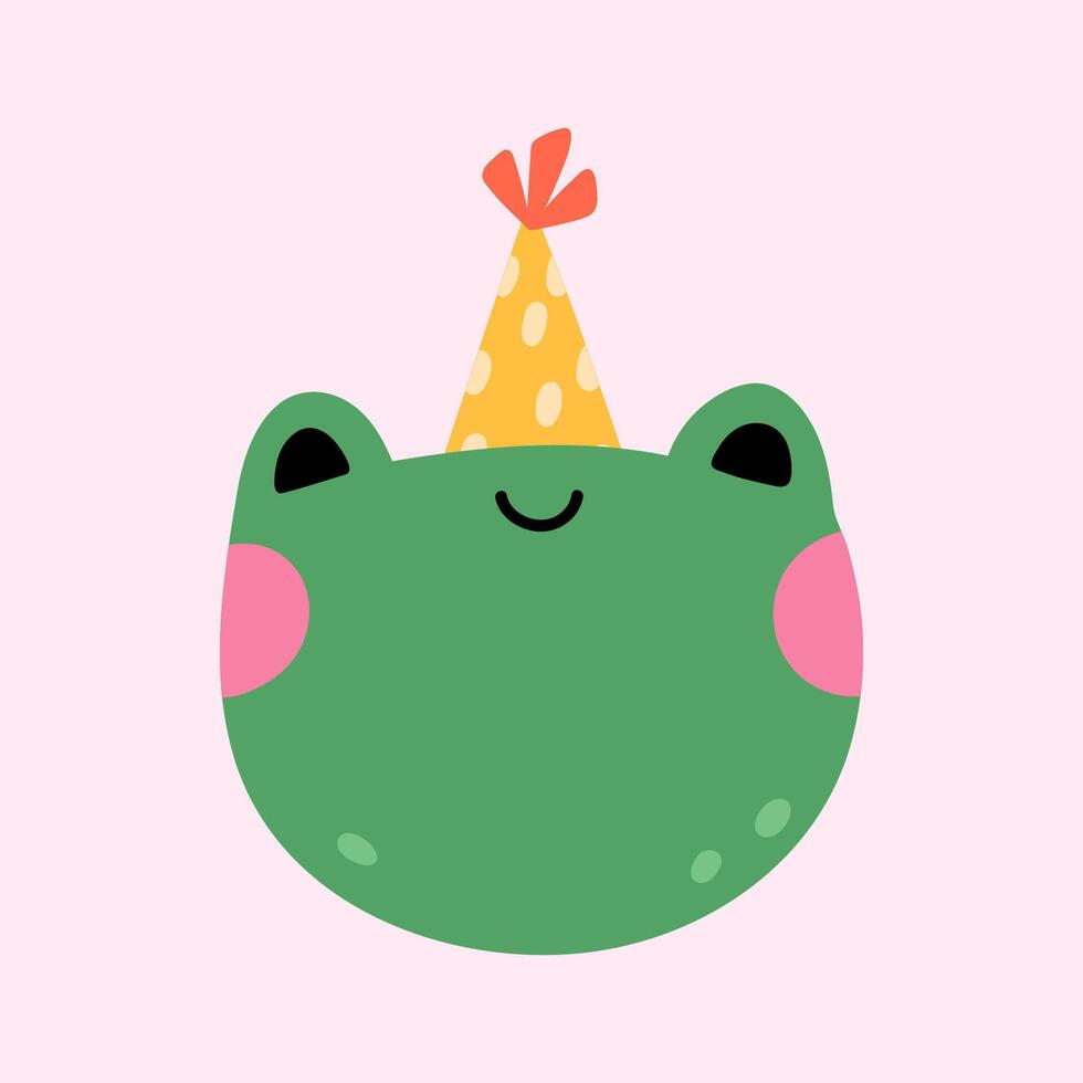 Cute frog in a festive hat isolated on a pink background. hand-drawn illustration in flat style. Perfect for decorations, holiday designs, cards, logo. vector