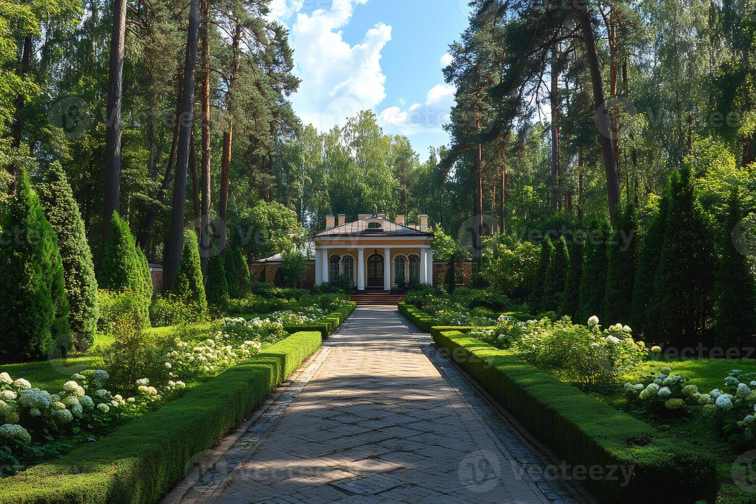 Stone paved pathway leading to beautiful house in a luxurious garden photo