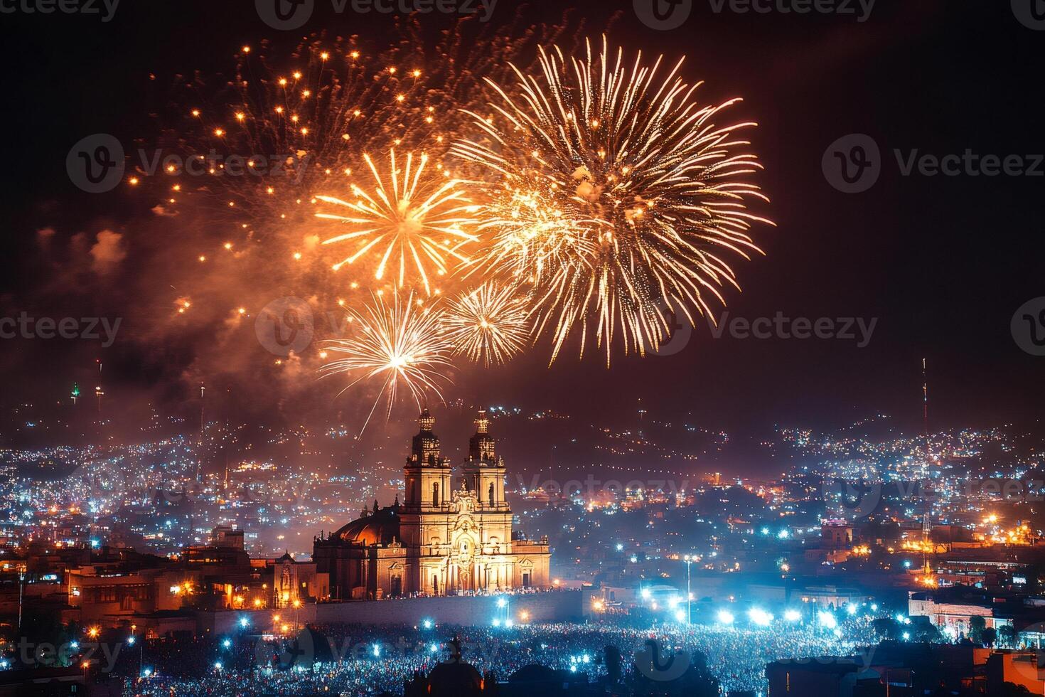 Fireworks exploding over Zacatecas Cathedral during mexican celebrations photo