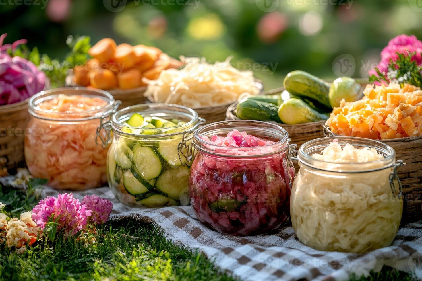 Preserving summer vegetables by pickling and fermenting them in glass jars photo