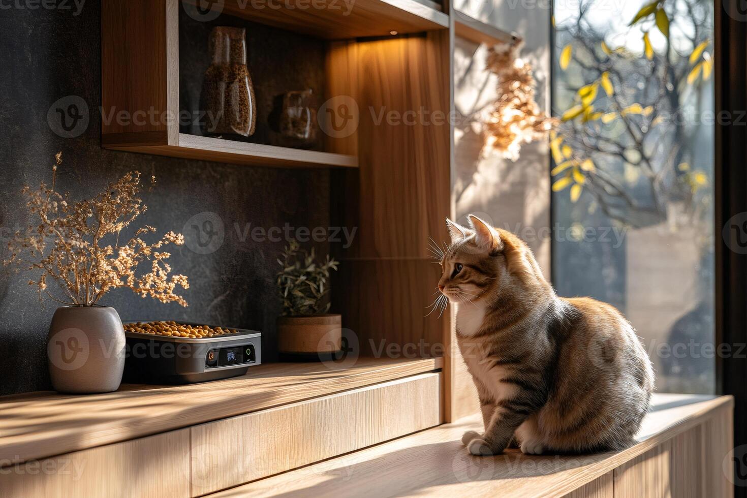 Tabby cat sitting on modern wooden furniture looking at automatic pet feeder photo