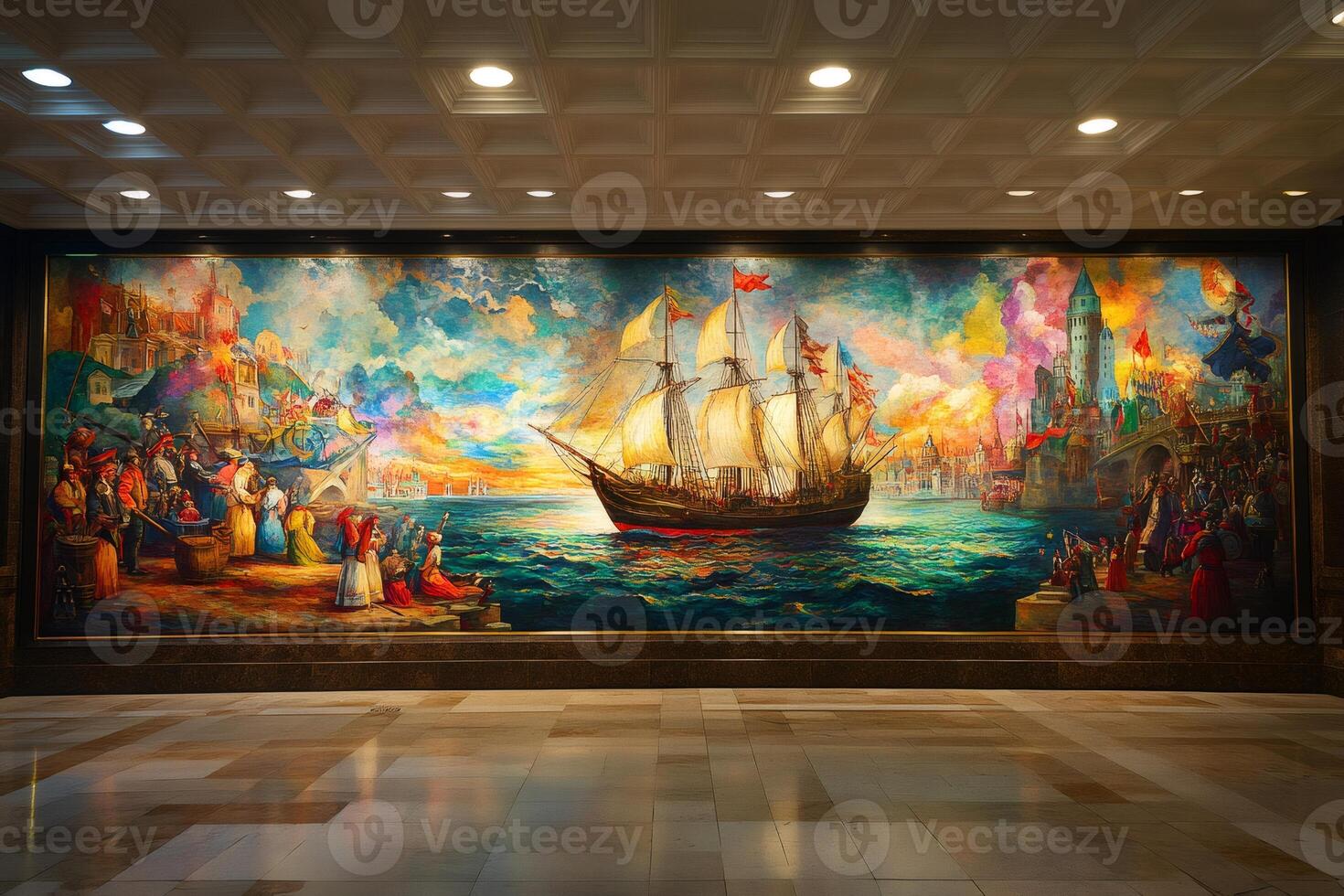 Large colorful painting depicting sailing ship arriving in port with welcoming crowd photo
