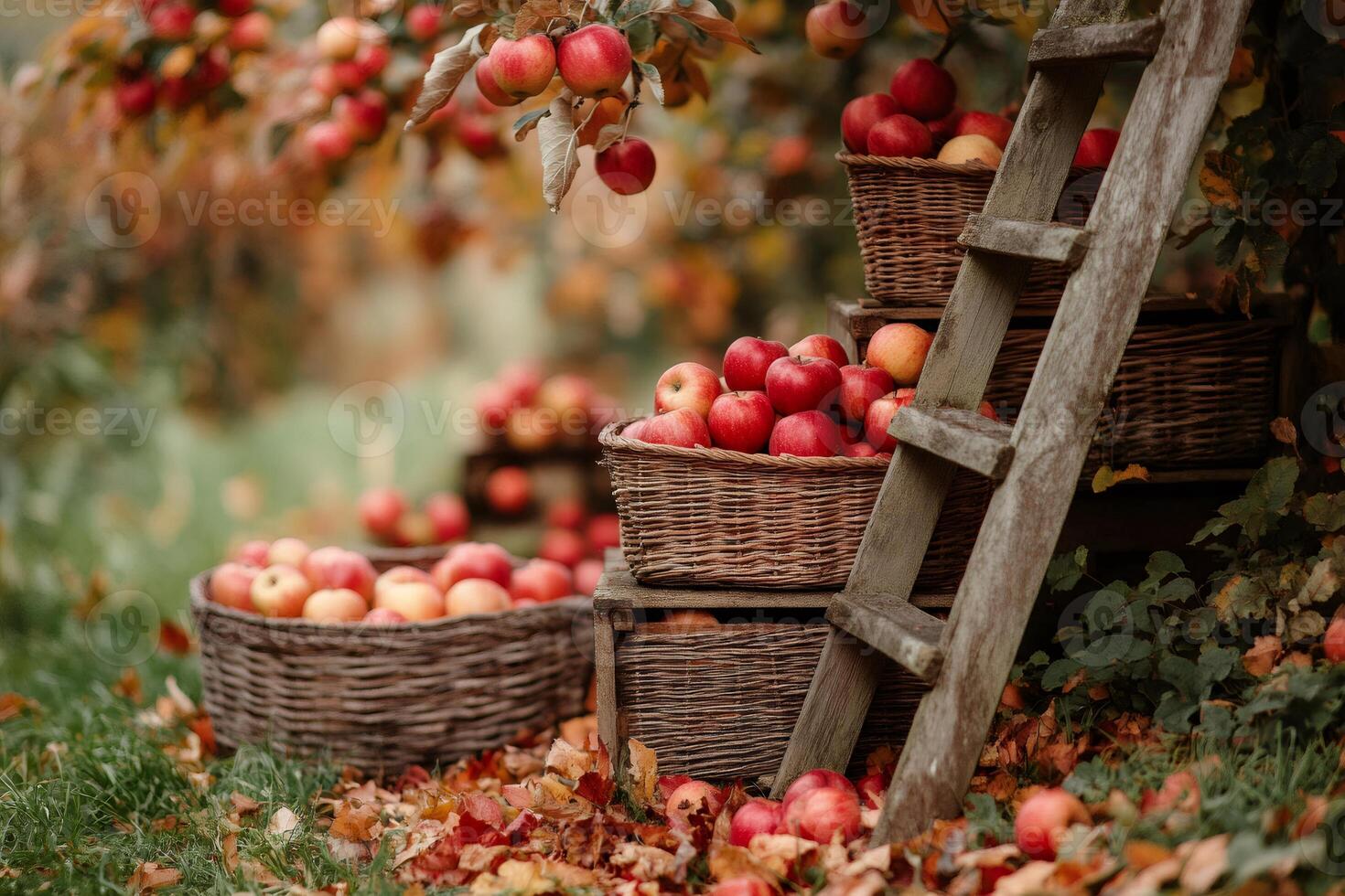 Harvesting red apples in wicker baskets under apple tree in autumn photo