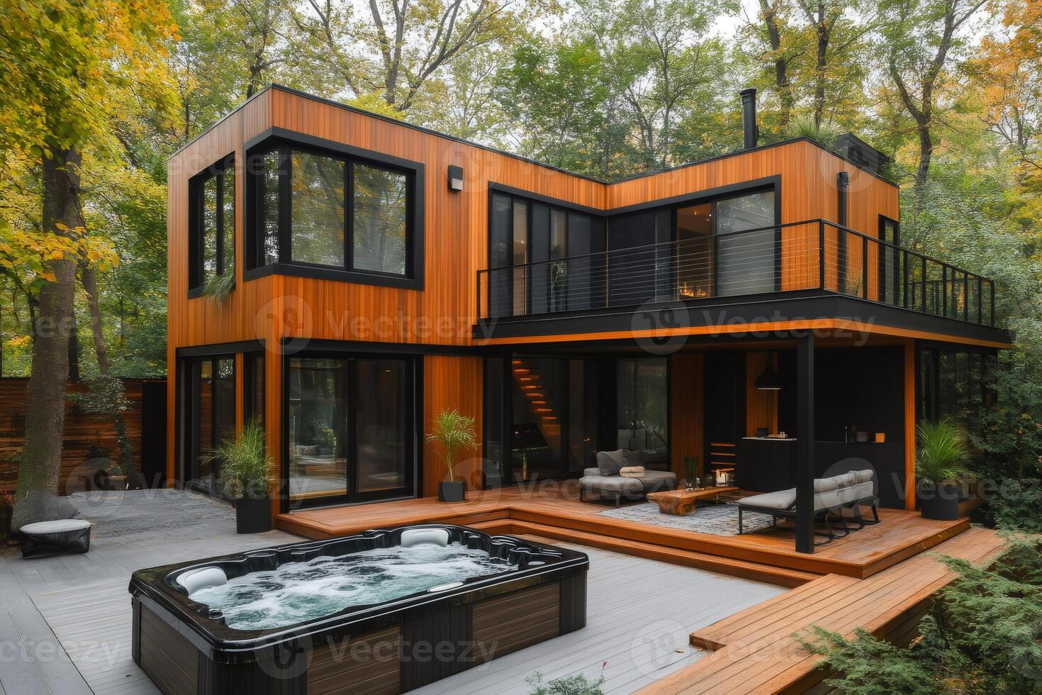Modern wooden house with hot tub surrounded by forest showcasing autumn colors photo