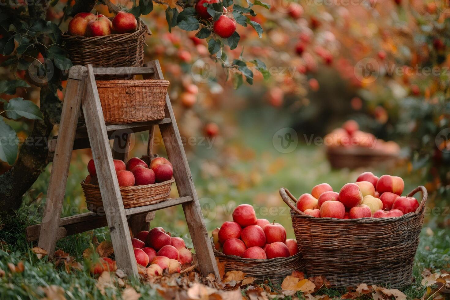 Ripe red apples filling wicker baskets in autumn orchard photo