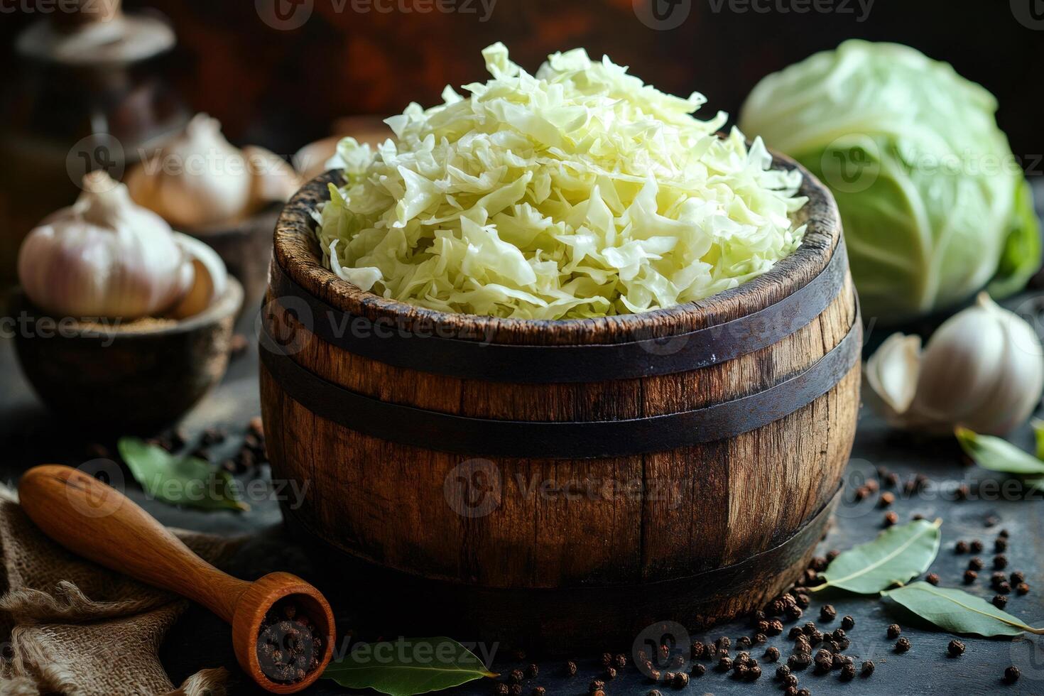 Sauerkraut fermenting in wooden barrel with garlic, pepper and bay leaves photo