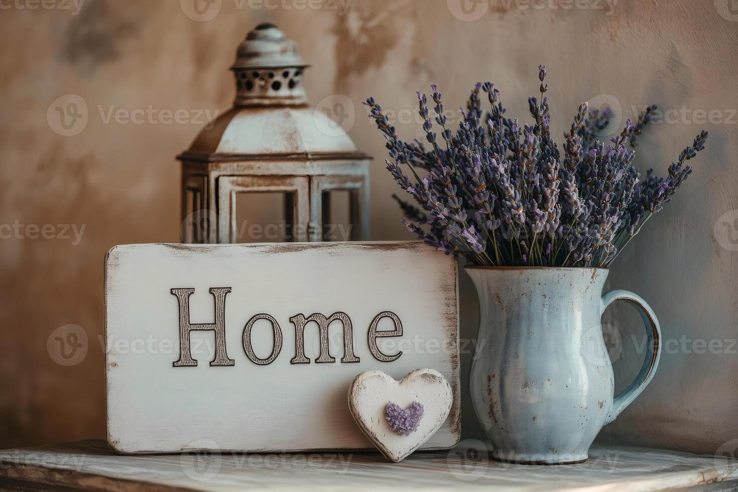 Shabby chic home decorations with lavender flowers and vintage lantern greeting guests photo