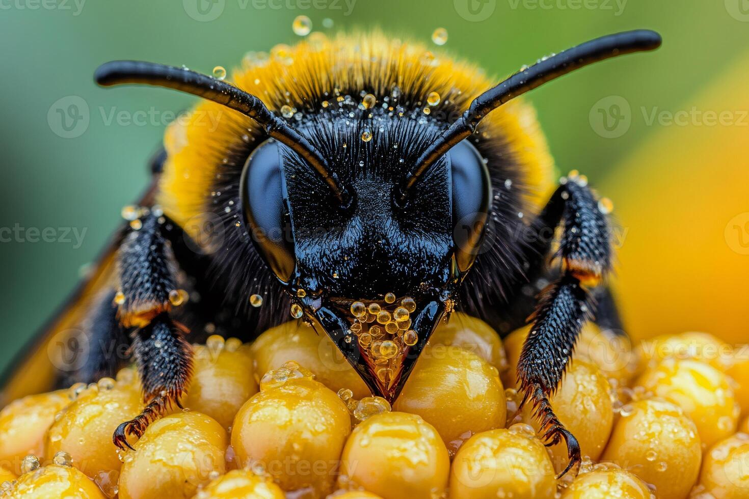 Bumblebee collecting pollen on a flower covered with morning dew photo