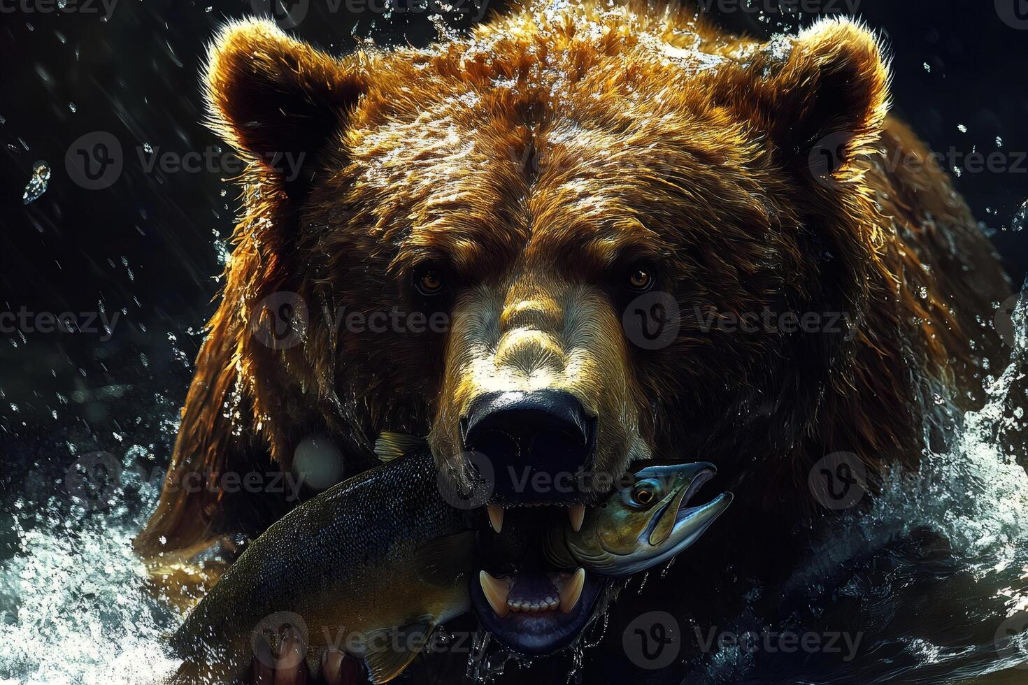 Brown bear fishing salmon in river photo