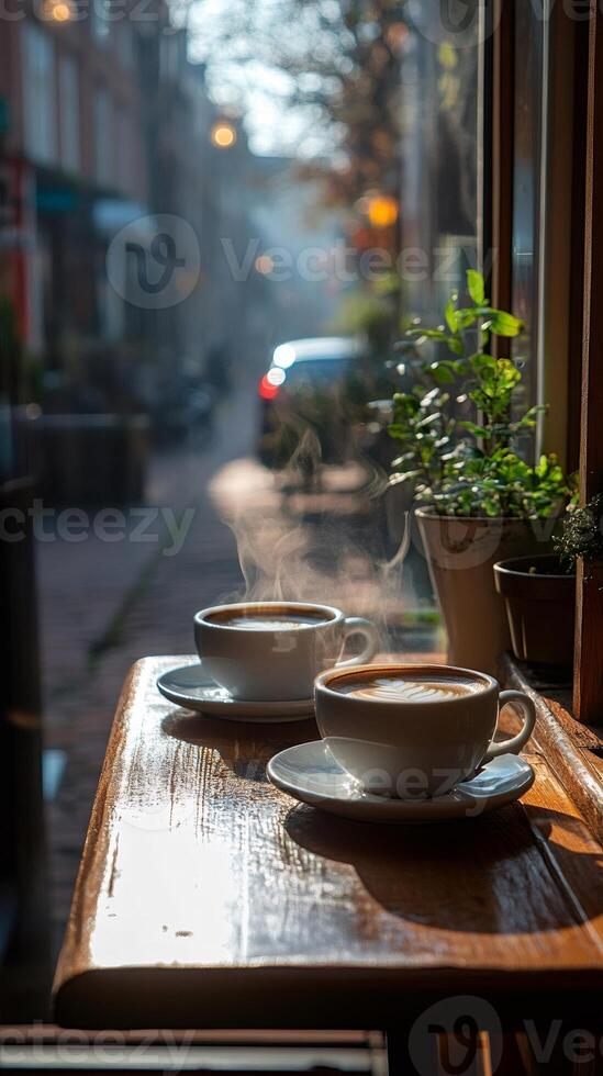 Two steaming cups of coffee by the window of a cafe overlooking city street photo