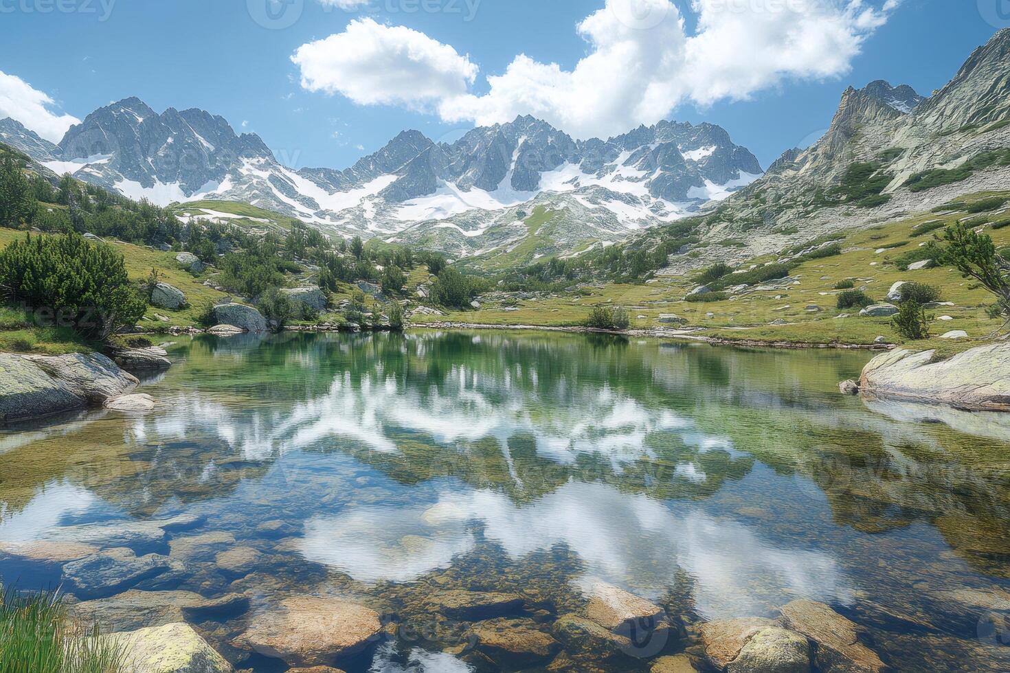 Crystalline mountain lake reflecting clouds and snowy peaks in Pyrenees National Park photo