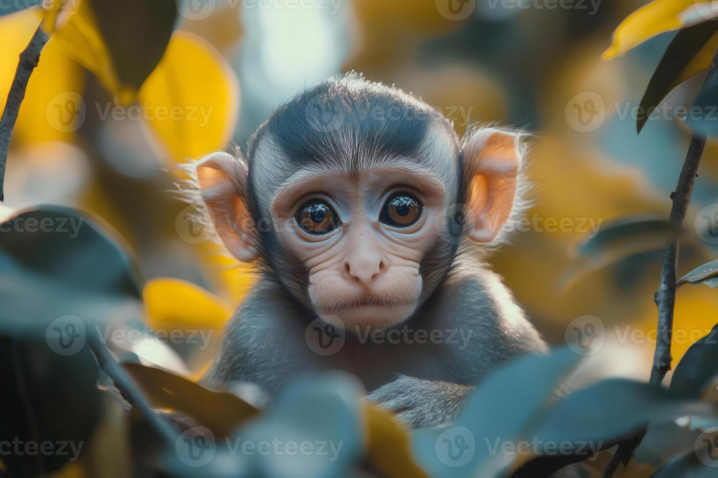 Baby monkey hiding in the leaves of a tree in the jungle photo