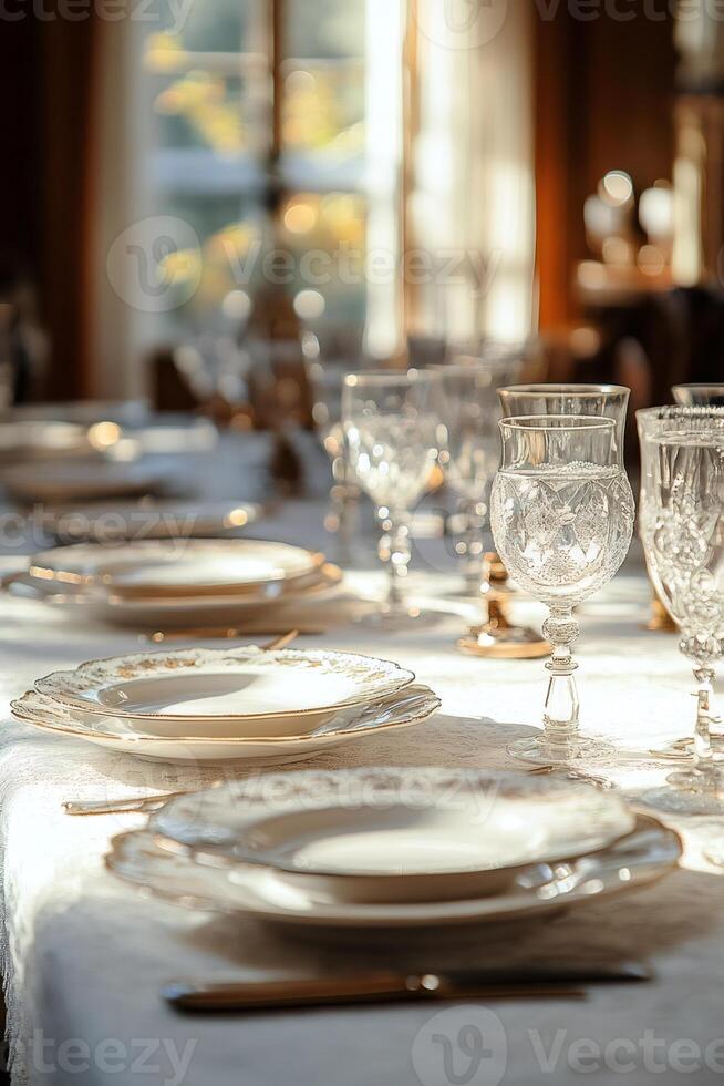 Elegant table setting illuminated by natural light from a nearby window photo