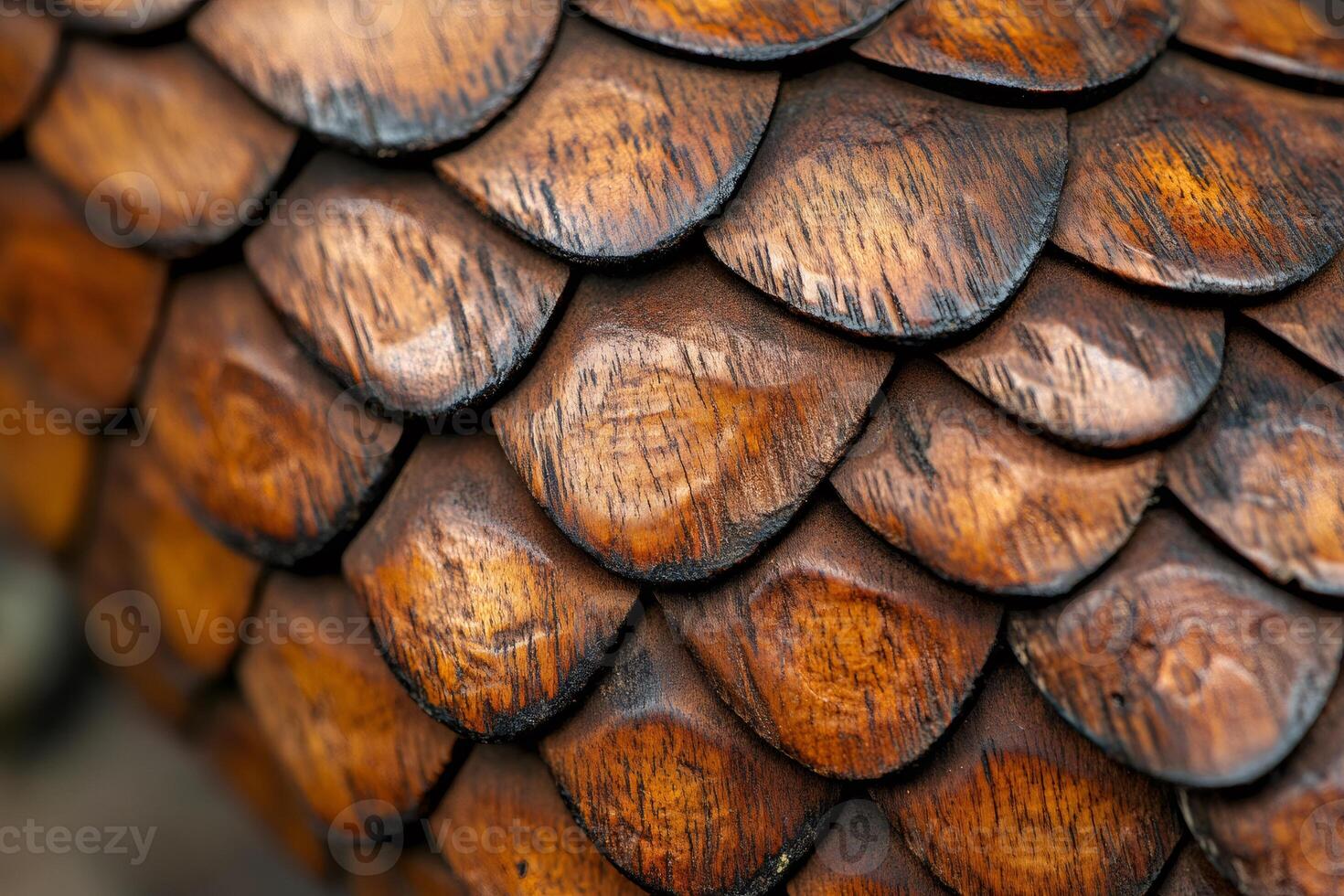 Wooden scales are forming an organic texture, resembling a dragon skin or a fish scale armor photo