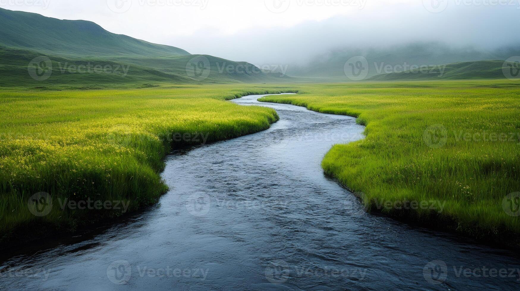 River flowing through green meadow in foggy mountains photo