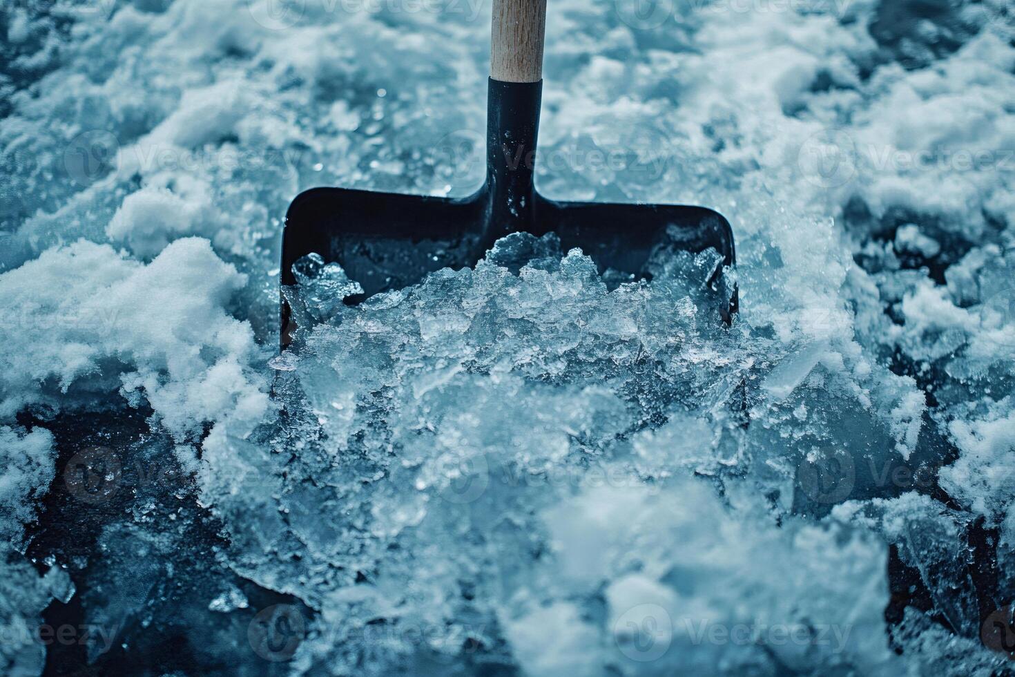Shovel removing ice and snow during winter road maintenance photo