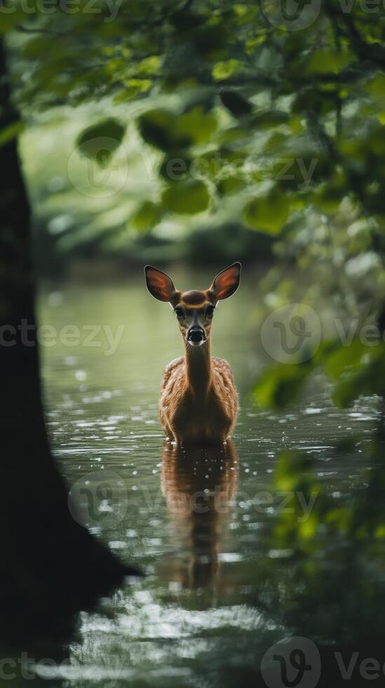 Serene Deer Standing in Tranquil Forest Stream photo