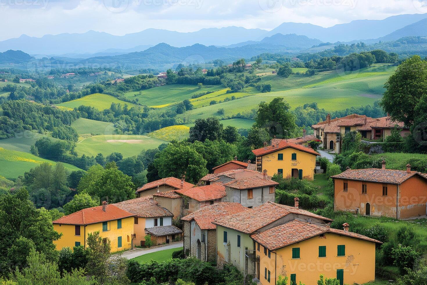 Colorful houses covering the hills of the Italian countryside near the Apennines photo