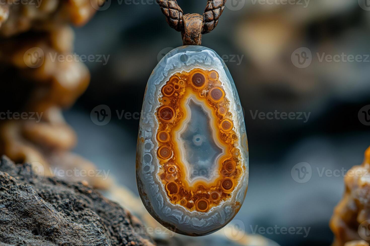 Ocean jasper gemstone pendant hanging on leather string photo