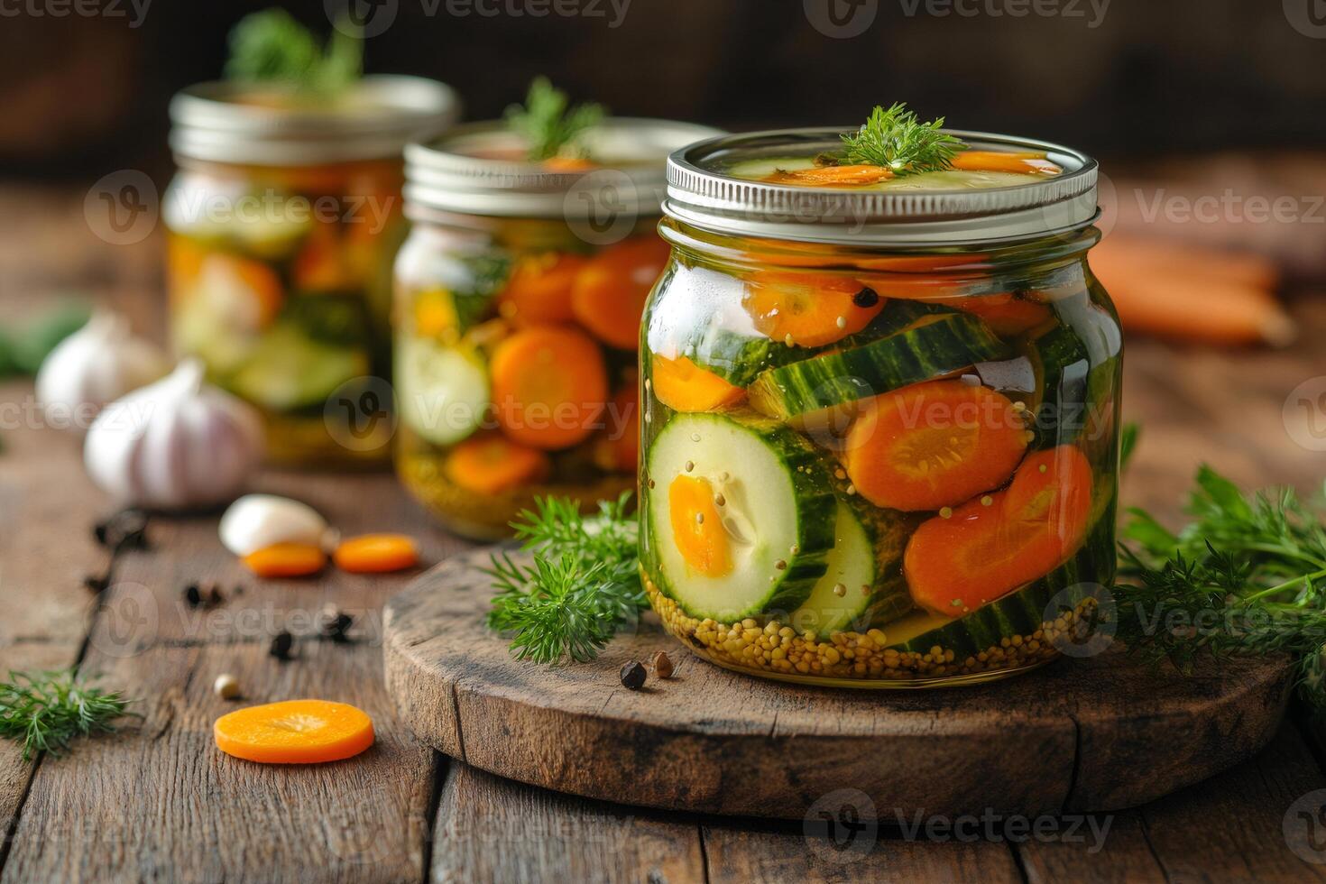 Preserving crunchy cucumber and carrot slices in glass jars for winter photo
