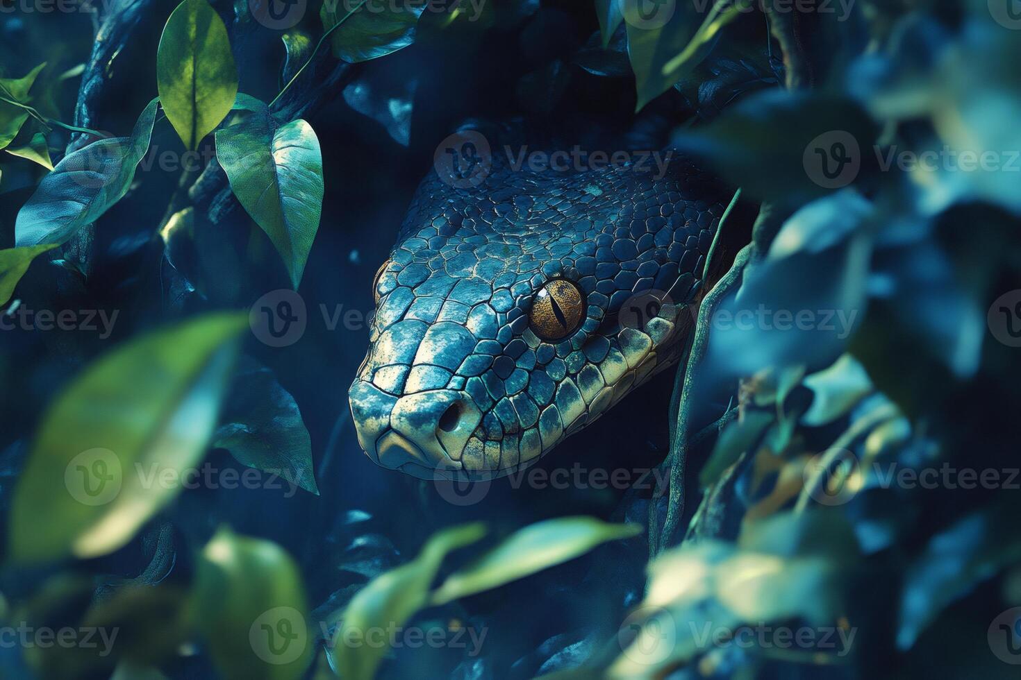 Scaly Predator Lurking in Lush Foliage, Emerald Tree Boa Hiding in Jungle Leaves photo