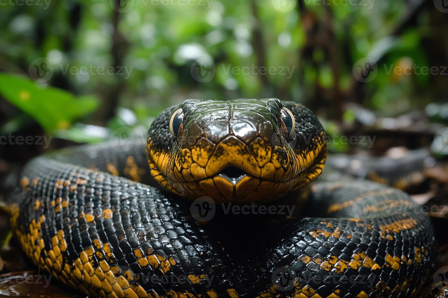 Musurana resting on rainforest floor showing its impressive yellow and black scales photo
