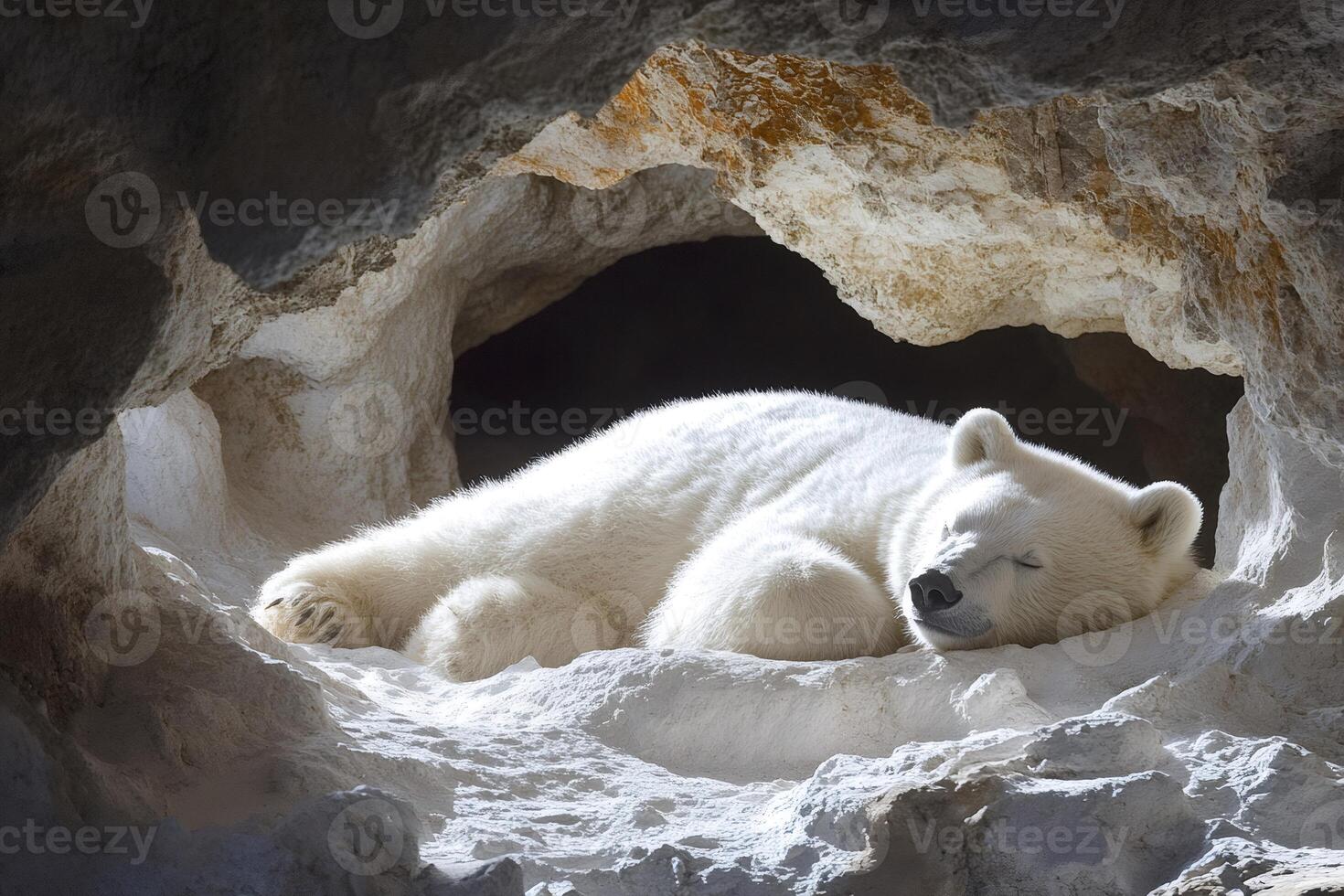 Polar bear sleeping in a rocky cave during daytime photo