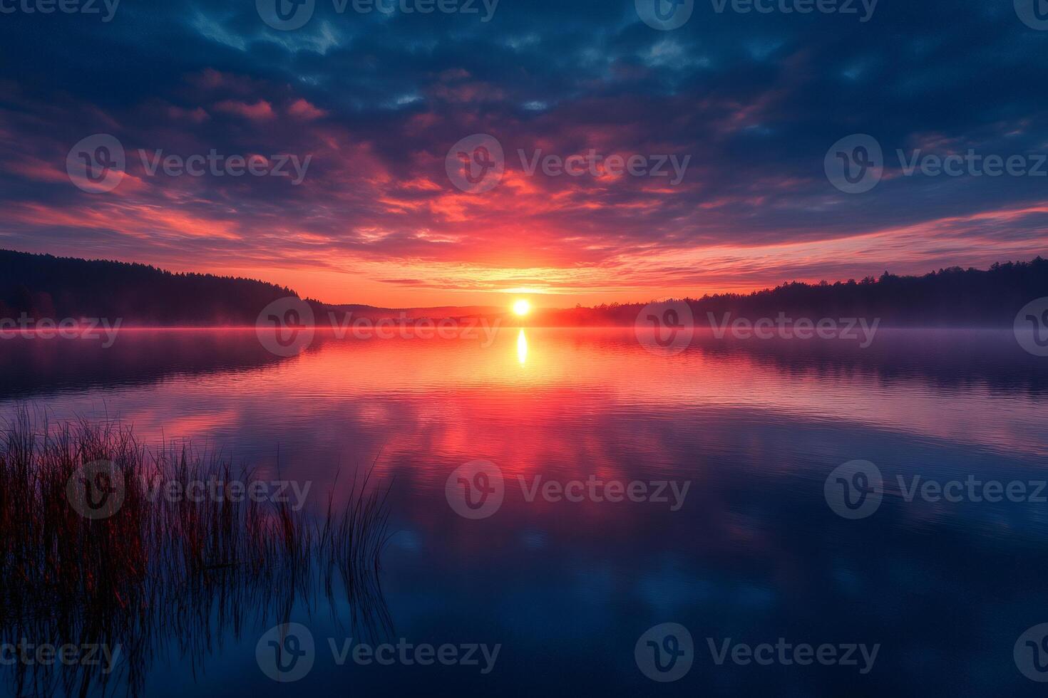 Majestic sunrise illuminating serene lake with vibrant colors and misty atmosphere photo