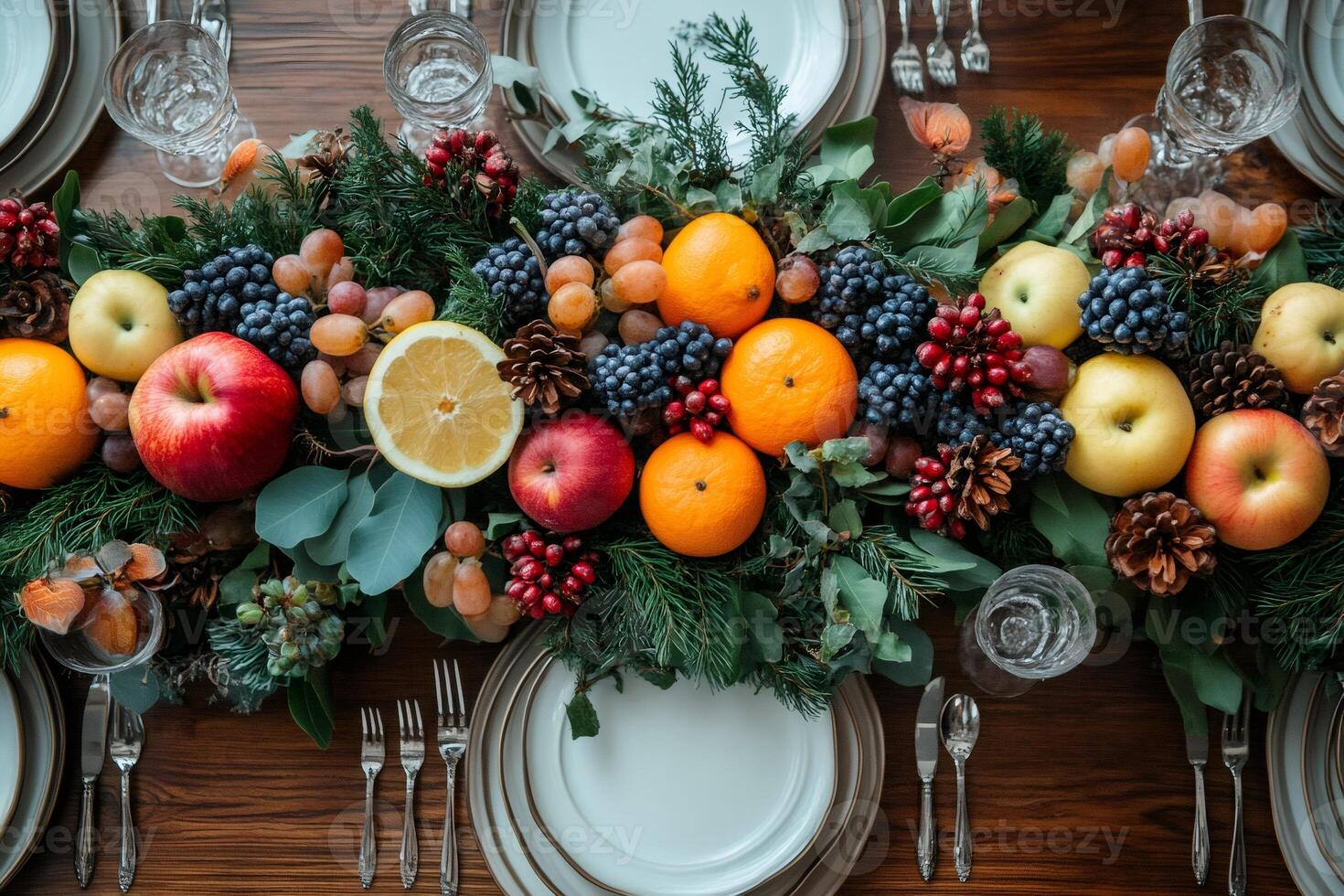 Christmas table setting with centerpiece made of fir branches, fruits and pine cones photo