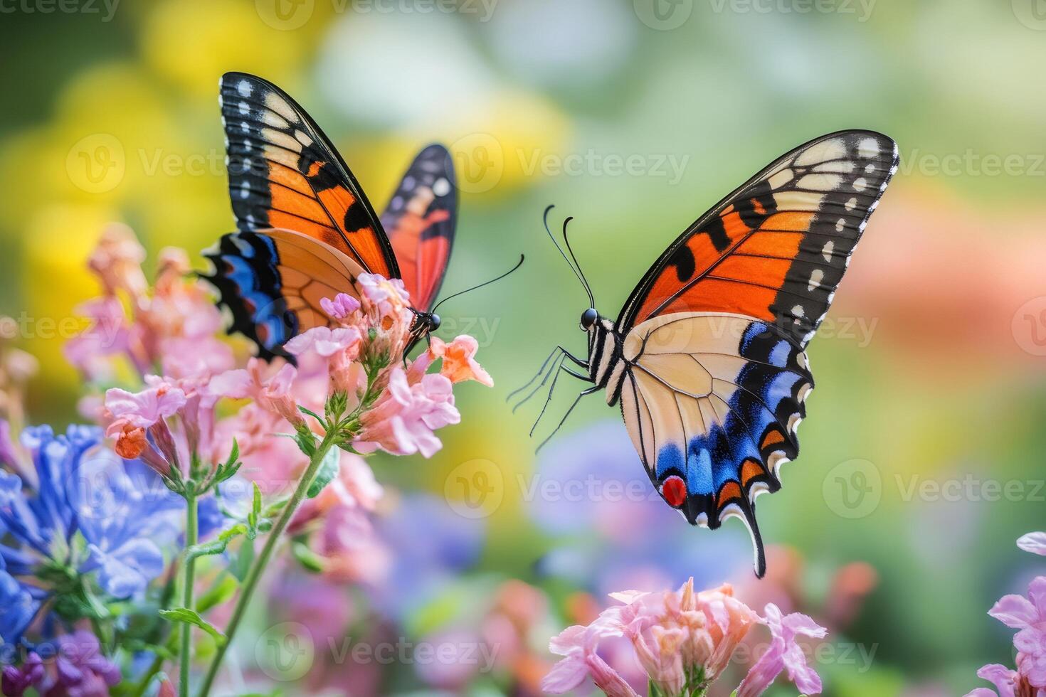 Two beautiful butterflies pollinating flowers in a colorful garden photo