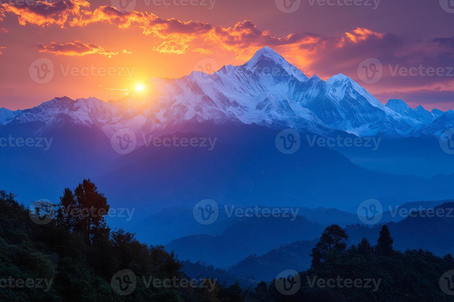 Dhaulagiri mountain glowing during an orange sunset in the Himalayas photo