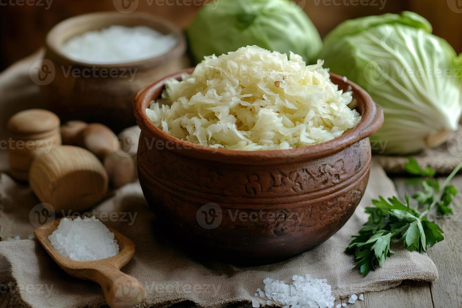 Sauerkraut fermenting in rustic clay pot with fresh cabbage heads and rock salt photo