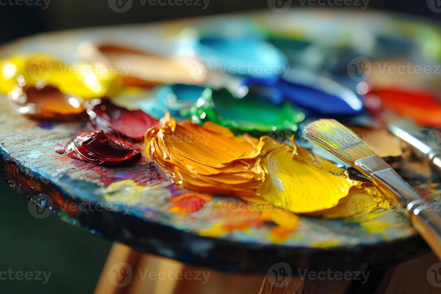 Oil paints and brushes are lying on the palette, creating a colorful artwork photo