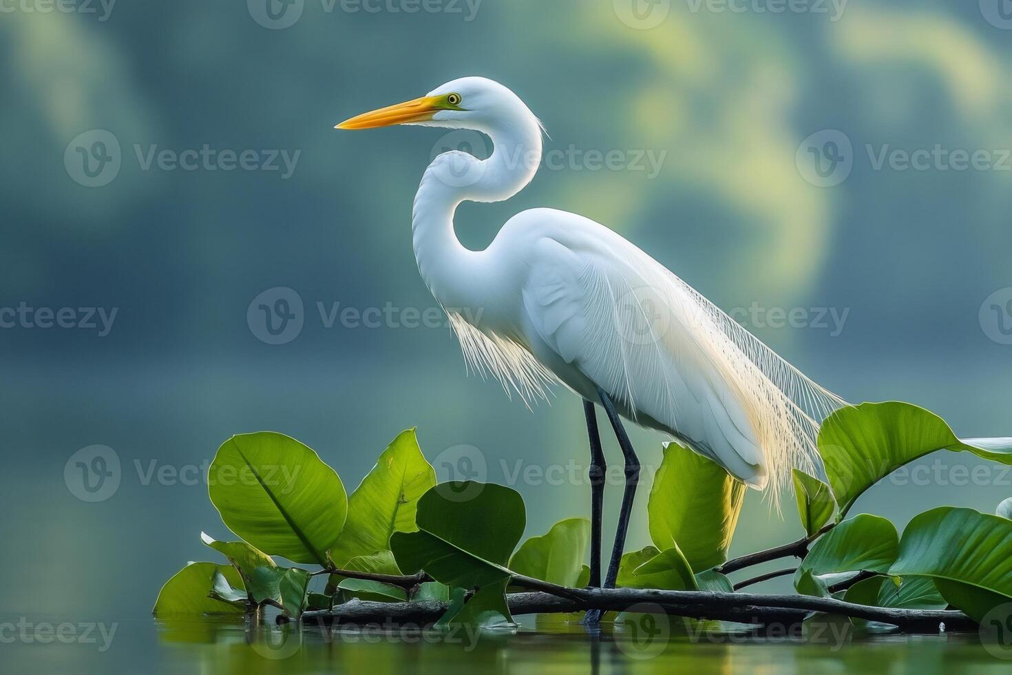 Great egret standing on branch over water surface with green leaves photo