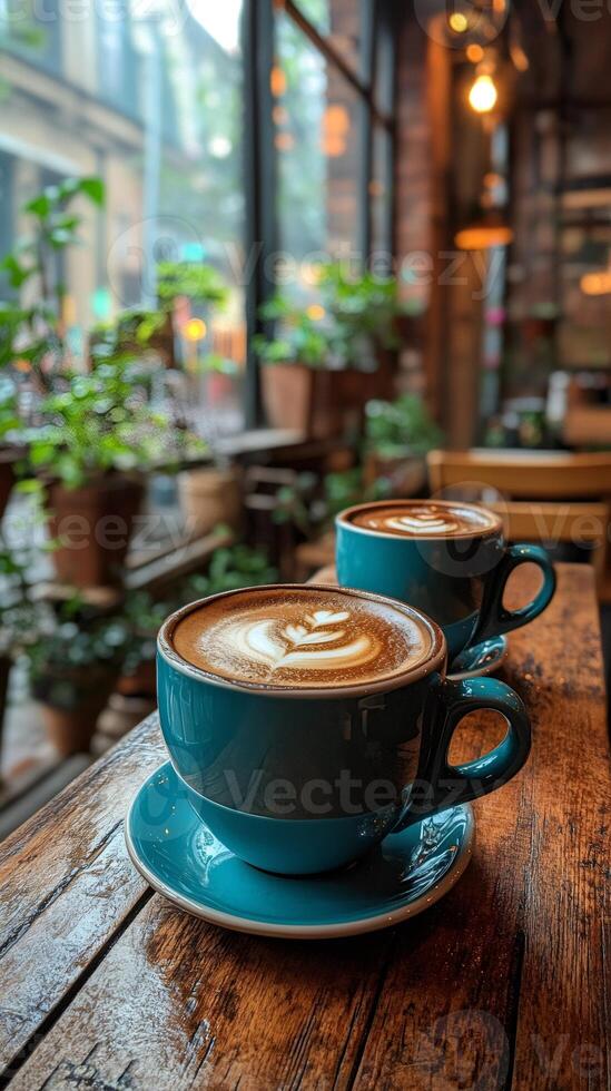 Two cups of latte coffee resting on a wooden table near a window in a cozy cafe photo