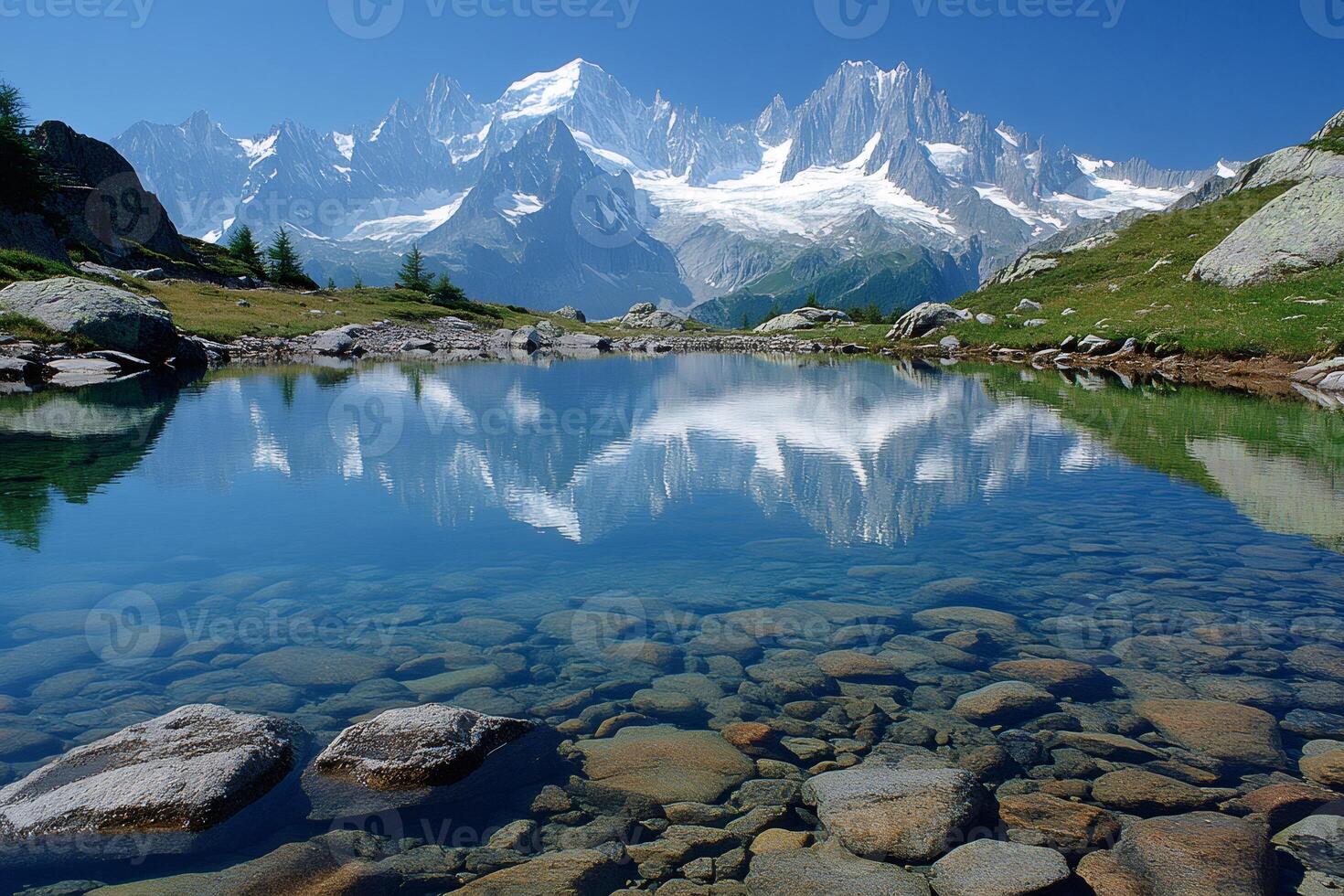 Mont Blanc reflecting in the Cheserys lake in the French Alps photo