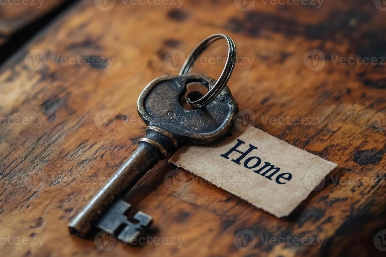 Old key with home tag lying on wooden table is representing sweet home photo